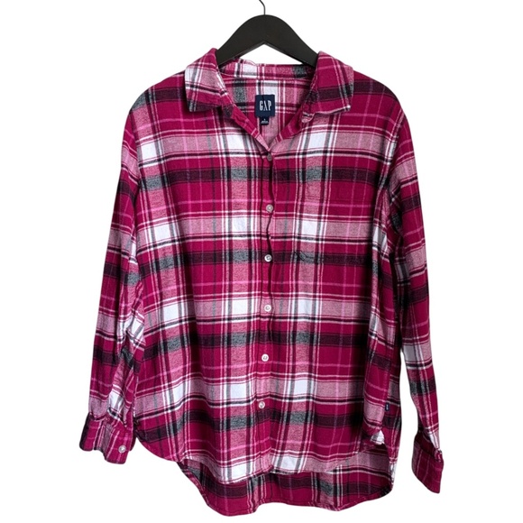 Gap Women's Flannel Shirt Sz Large Pink Black White Long Sleeve Button Down Soft - Picture 1 of 6